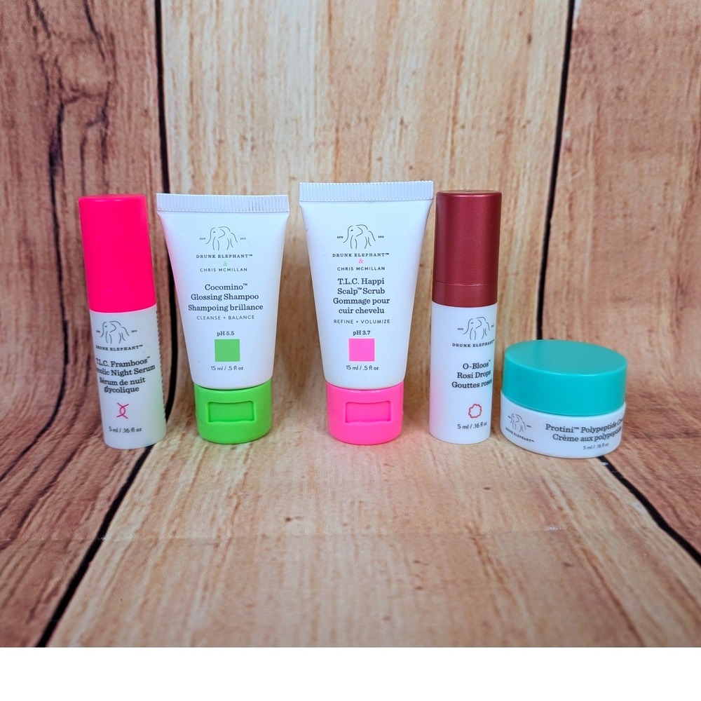 Drunk Elephant 5 Piece Travel Set T.L.C. Framboos Night Serum, O-Bloos Drops Etc